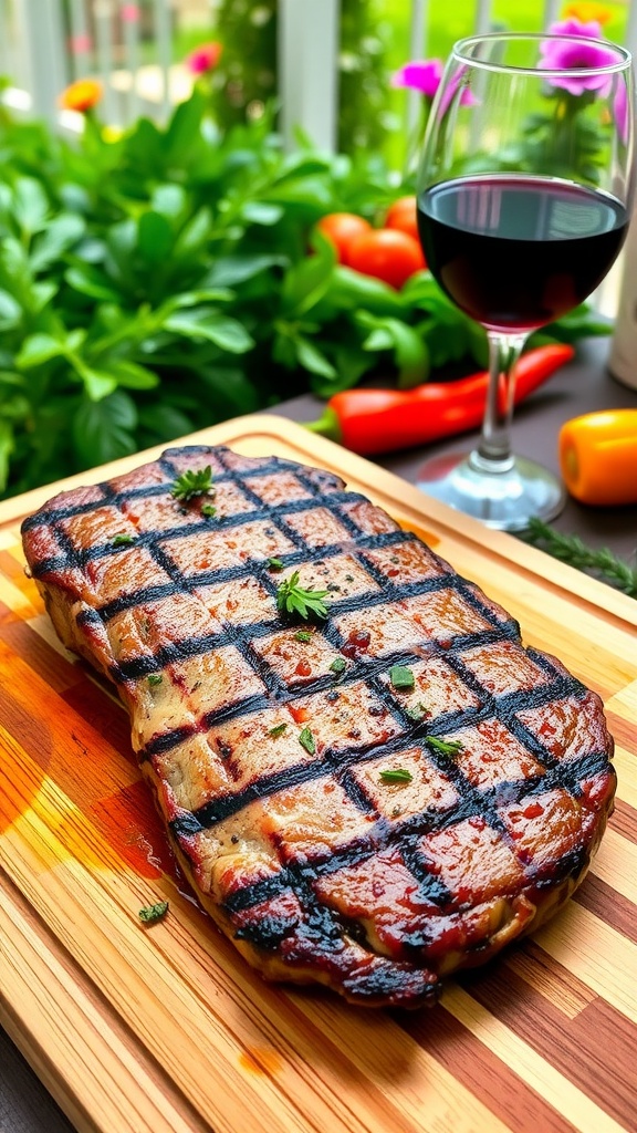 Perfectly Grilled New York Strip Steak Recipe Grilled New York strip steak garnished with herbs, resting on a cutting board in a garden setting.